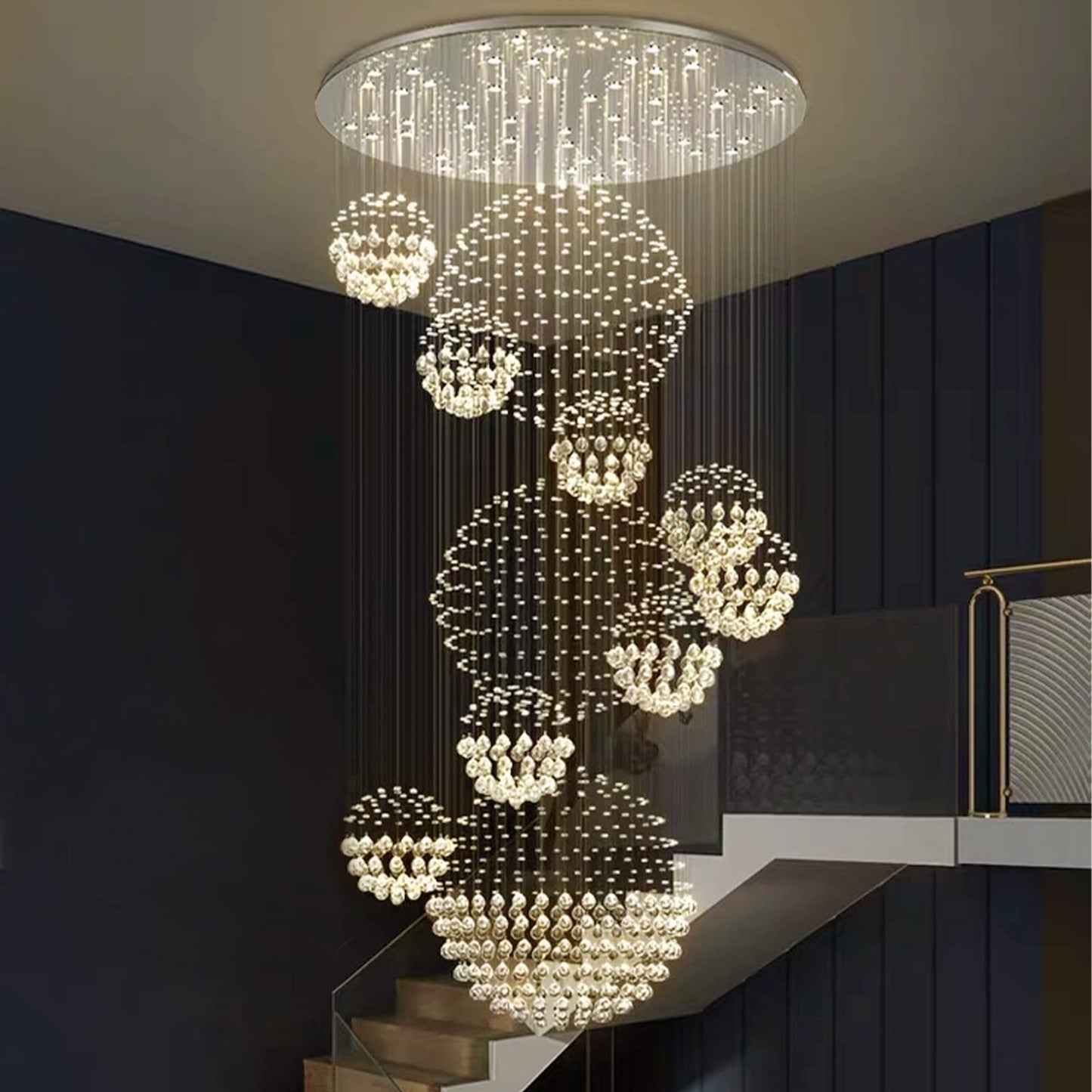 Siljoy modern foyer chandelier, spiral sphere design, raindrop crystal, 31.5" W × 110" H, high ceiling/staircase.