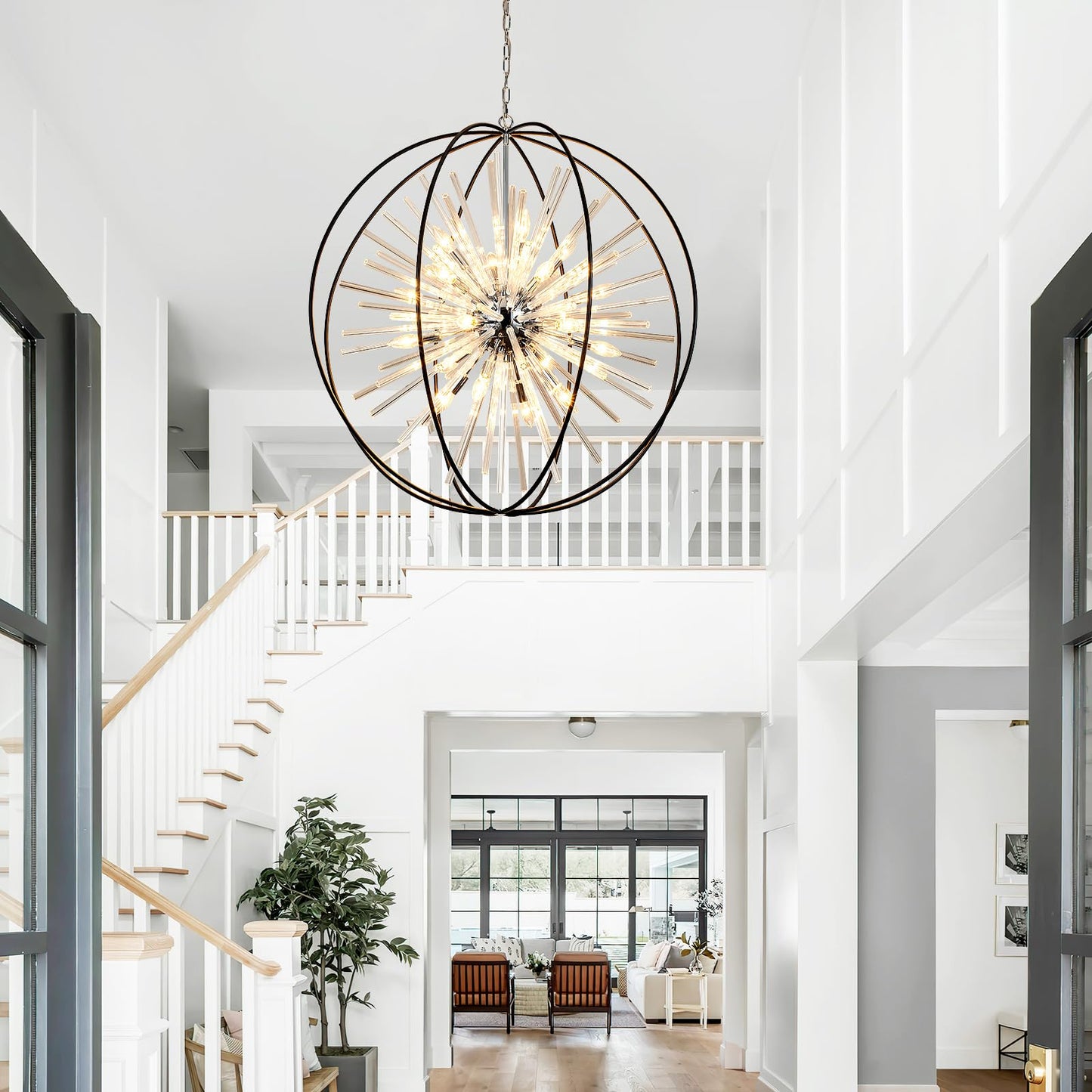 Vezzio 35" black globe crystal chandelier, 20-light modern round fixture for high ceilings.