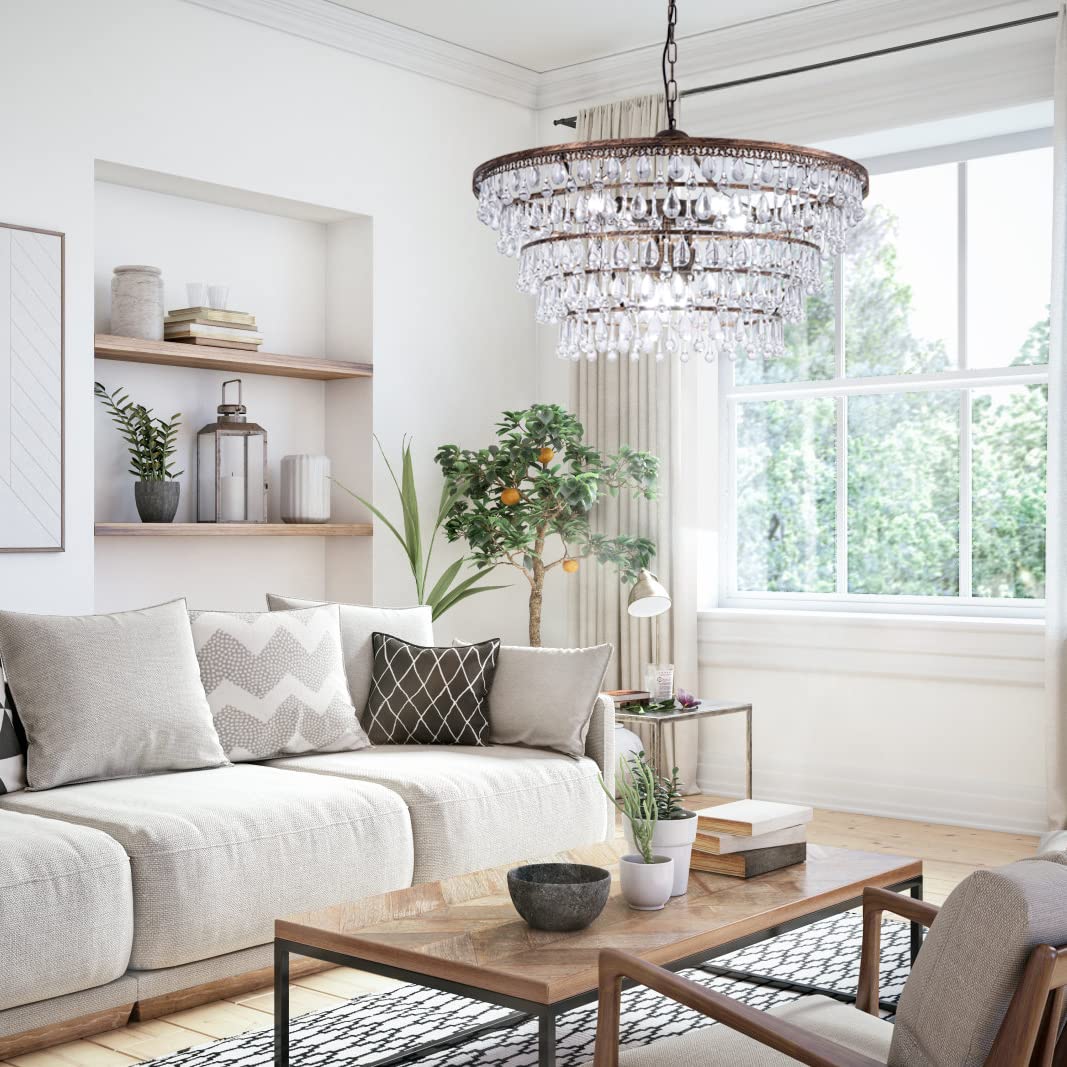 Wellmet 28" bronze crystal chandelier, 5-tier farmhouse style, multi-room hanging fixture.