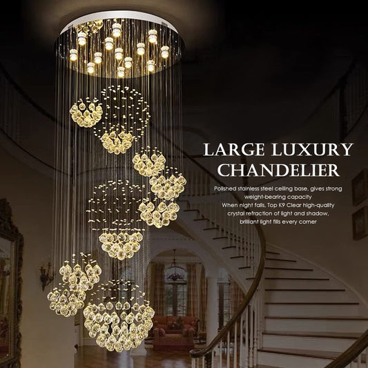 Siljoy modern foyer chandelier, spiral sphere design, raindrop crystal, 31.5" W × 110" H, high ceiling/staircase.