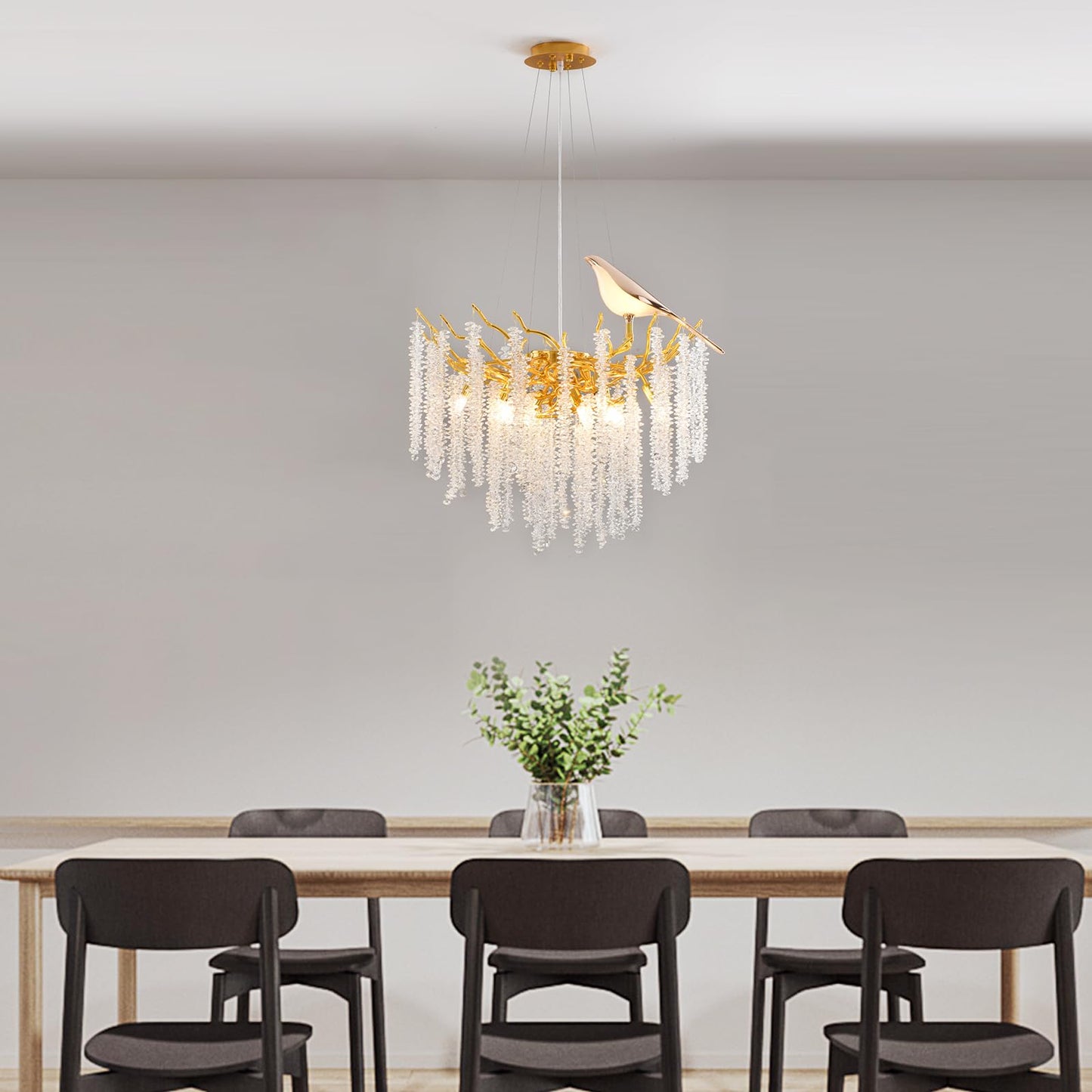 24" gold tree branch crystal chandelier, 10-light raindrop design, modern decorative pendant.