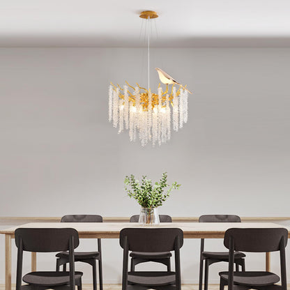 24" gold tree branch crystal chandelier, 10-light raindrop design, modern decorative pendant.