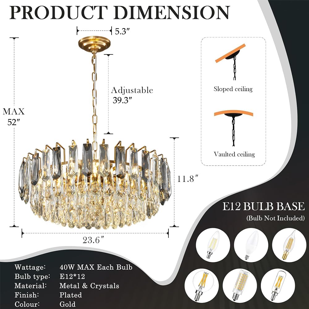 XIAOQIWU 23.6" crystal chandelier, gold + grey crystals, 12-light 3-tier luxury pendant.