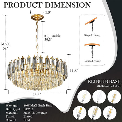 XIAOQIWU 23.6" crystal chandelier, gold + grey crystals, 12-light 3-tier luxury pendant.