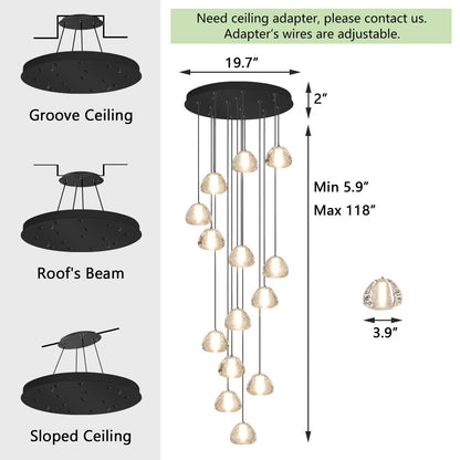 dolria extra-long black LED staircase chandelier, 118", adjustable modern linear fixture.
