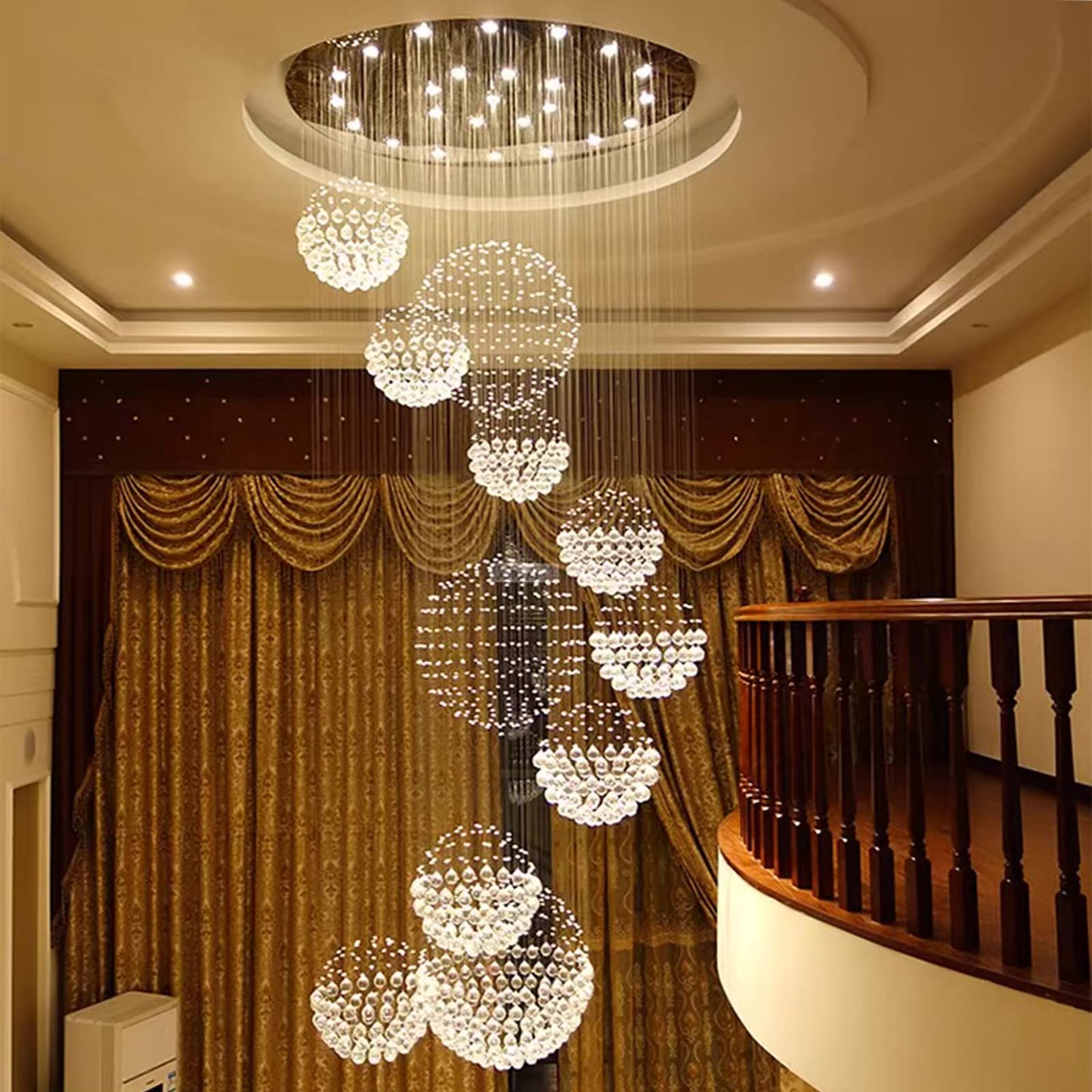 Siljoy modern foyer chandelier, spiral sphere design, raindrop crystal, 31.5" W × 110" H, high ceiling/staircase.