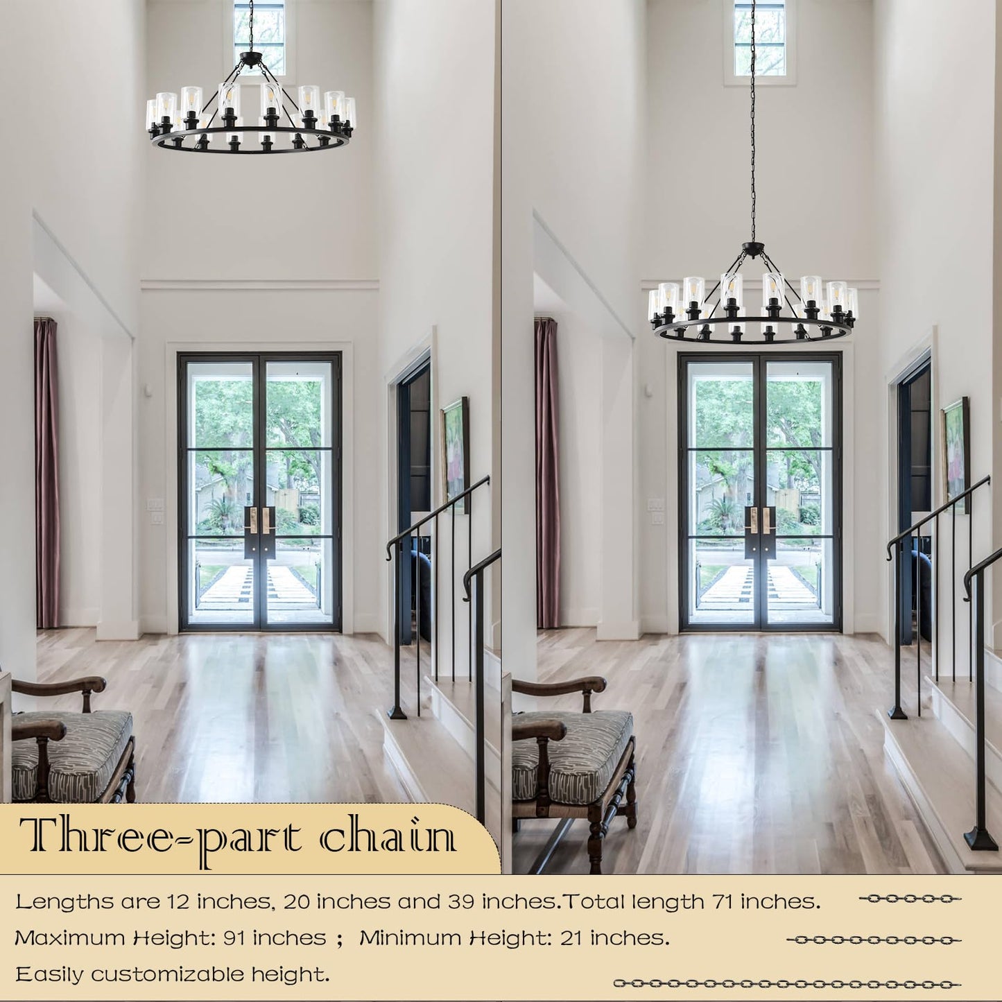 JTYKHNM 40" black wagon wheel chandelier, 16-light farmhouse glass pendant for large spaces.