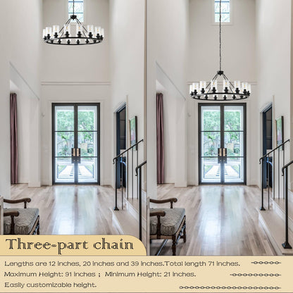 JTYKHNM 40" black wagon wheel chandelier, 16-light farmhouse glass pendant for large spaces.