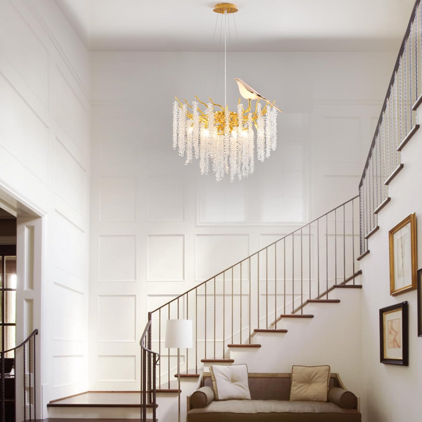 24" gold tree branch crystal chandelier, 10-light raindrop design, modern decorative pendant.