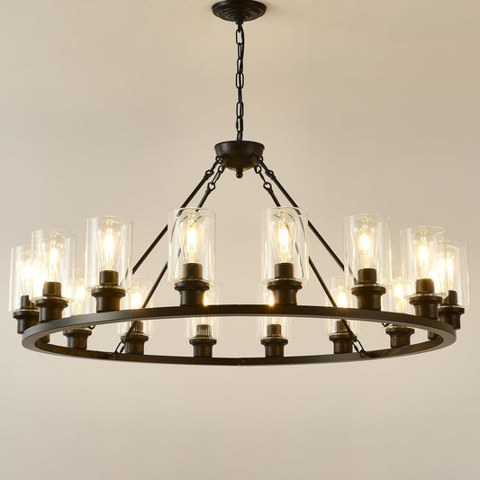 JTYKHNM 40" black wagon wheel chandelier, 16-light farmhouse glass pendant for large spaces.