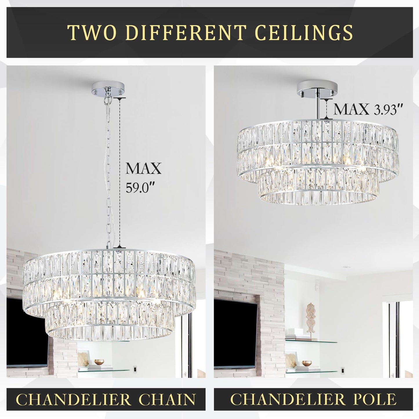 24" chrome crystal chandelier, 8-light semi flush mount, round modern fixture for multiple rooms.