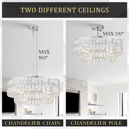 24" chrome crystal chandelier, 8-light semi flush mount, round modern fixture for multiple rooms.