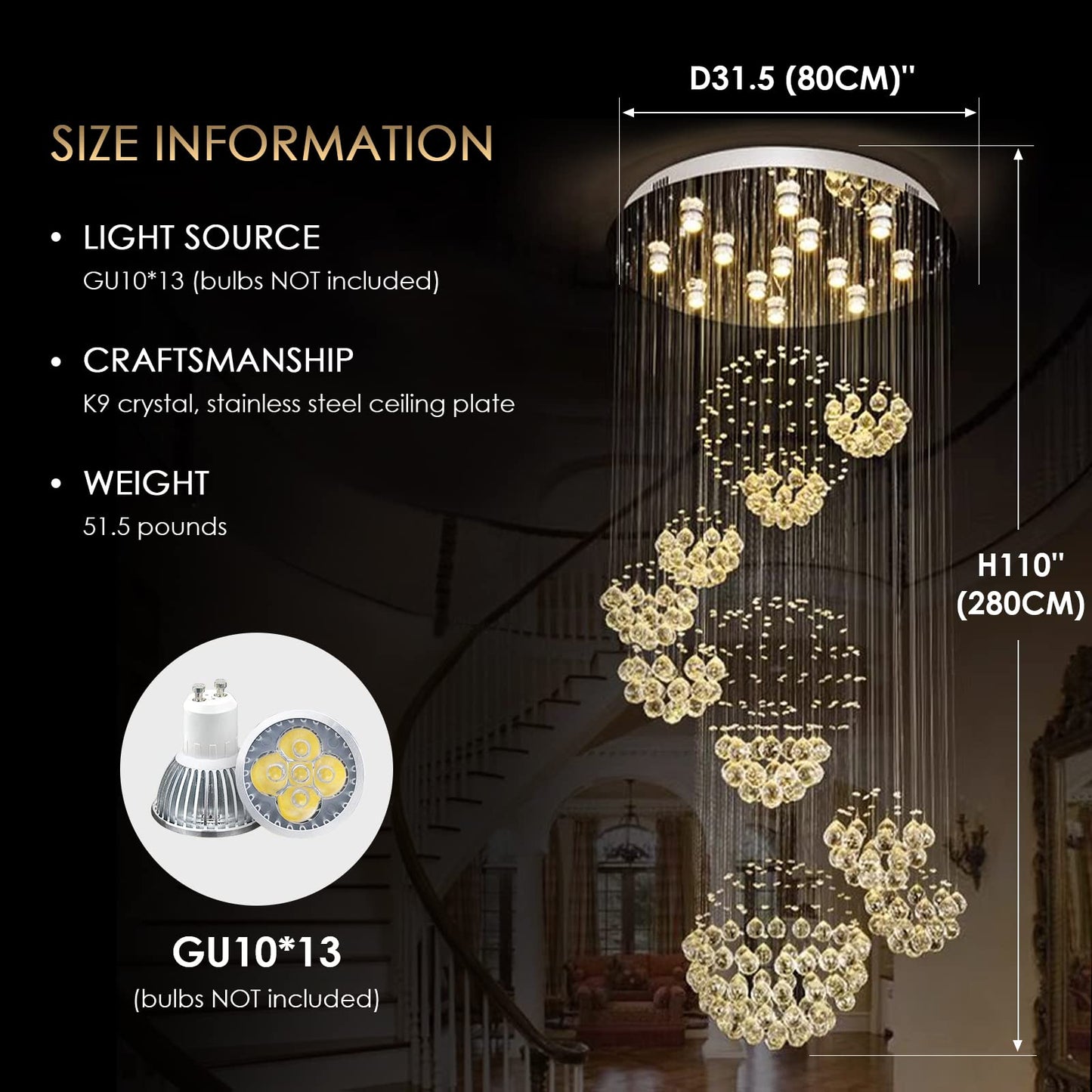 Siljoy modern foyer chandelier, spiral sphere design, raindrop crystal, 31.5" W × 110" H, high ceiling/staircase.