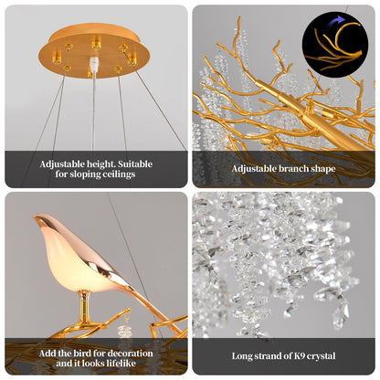 24" gold tree branch crystal chandelier, 10-light raindrop design, modern decorative pendant.