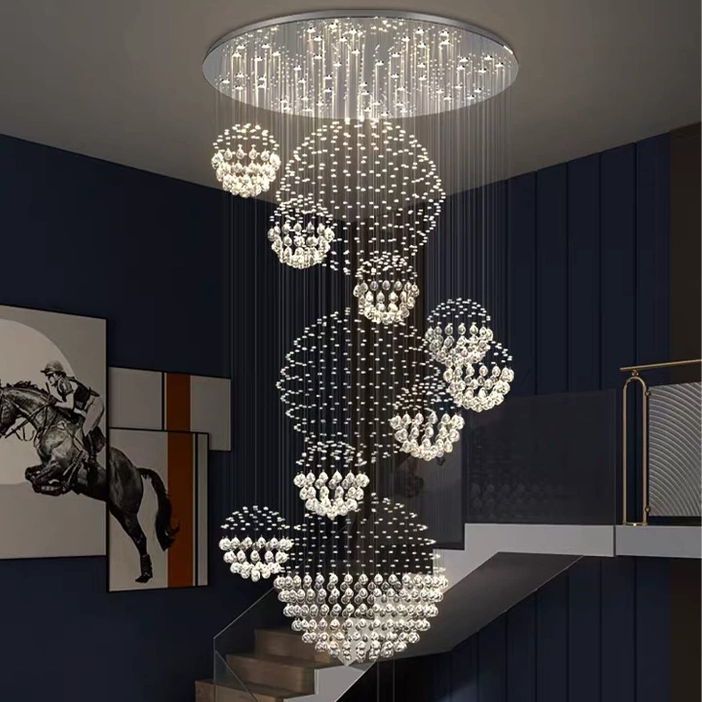 Siljoy modern foyer chandelier, spiral sphere design, raindrop crystal, 31.5" W × 110" H, high ceiling/staircase.