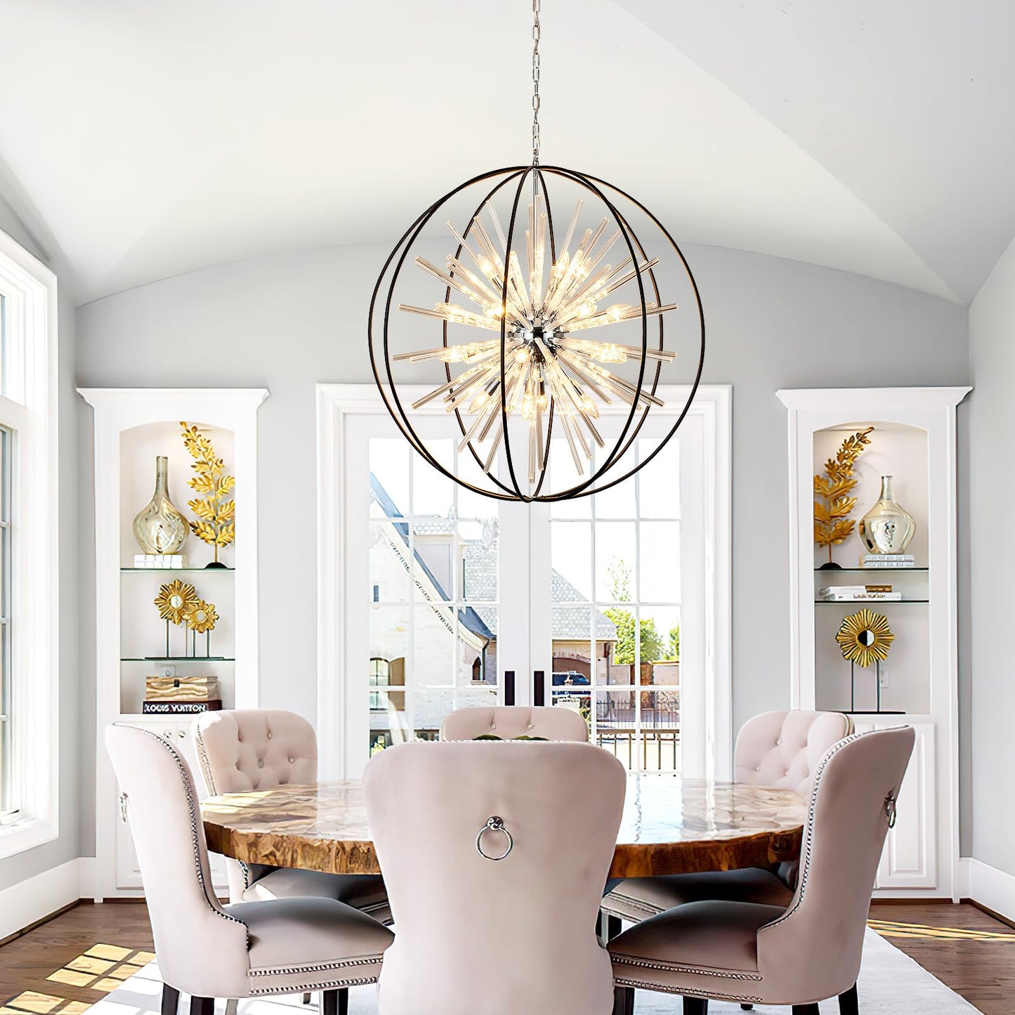 Vezzio 35" black globe crystal chandelier, 20-light modern round fixture for high ceilings.