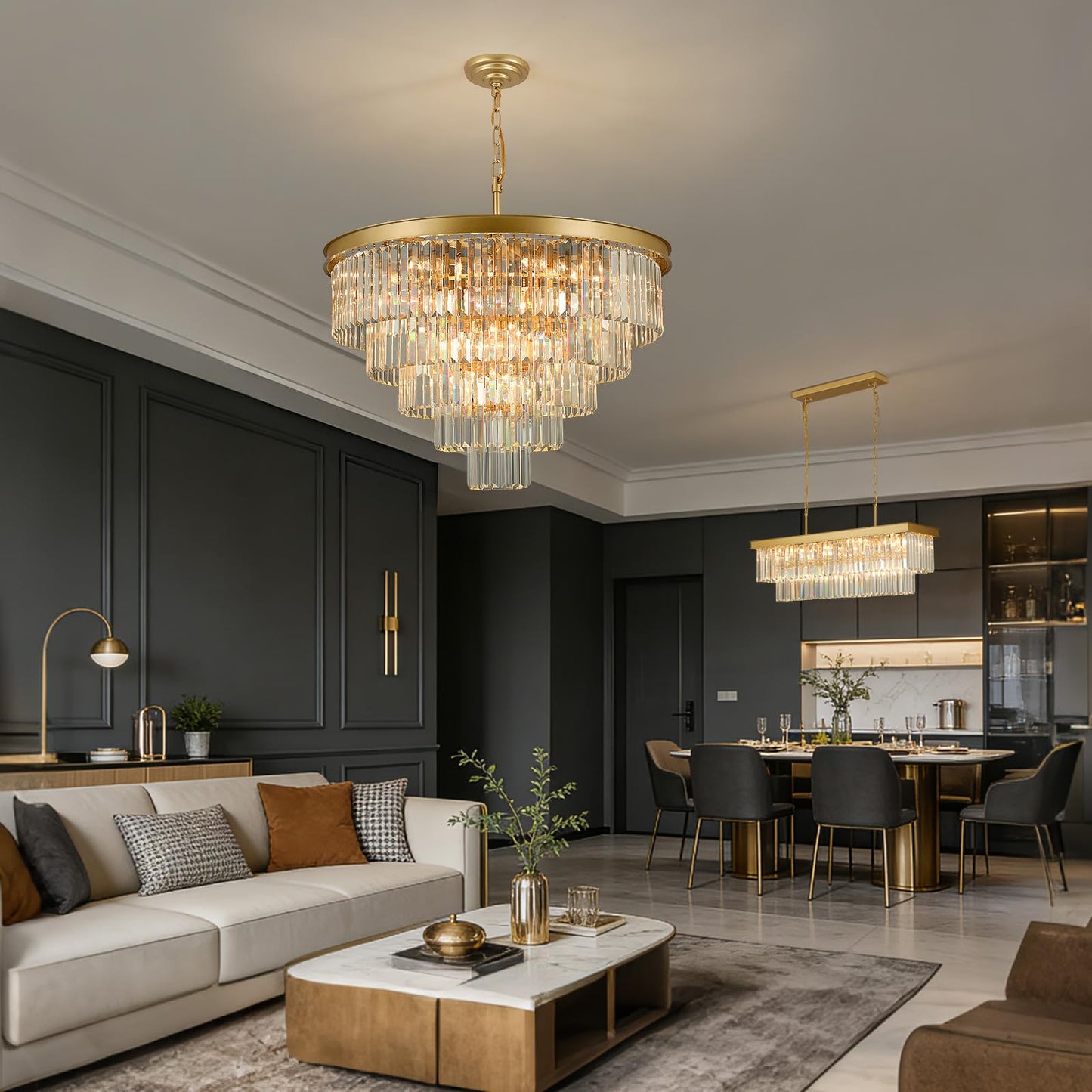 30" gold crystal chandelier, 20-light, 5-tier round design for dining/entry/kitchen island.
