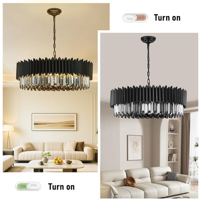 YOLIZUOT 30" black crystal chandelier, 12-light, 6-tier K9 smoke gray crystals, modern large pendant.