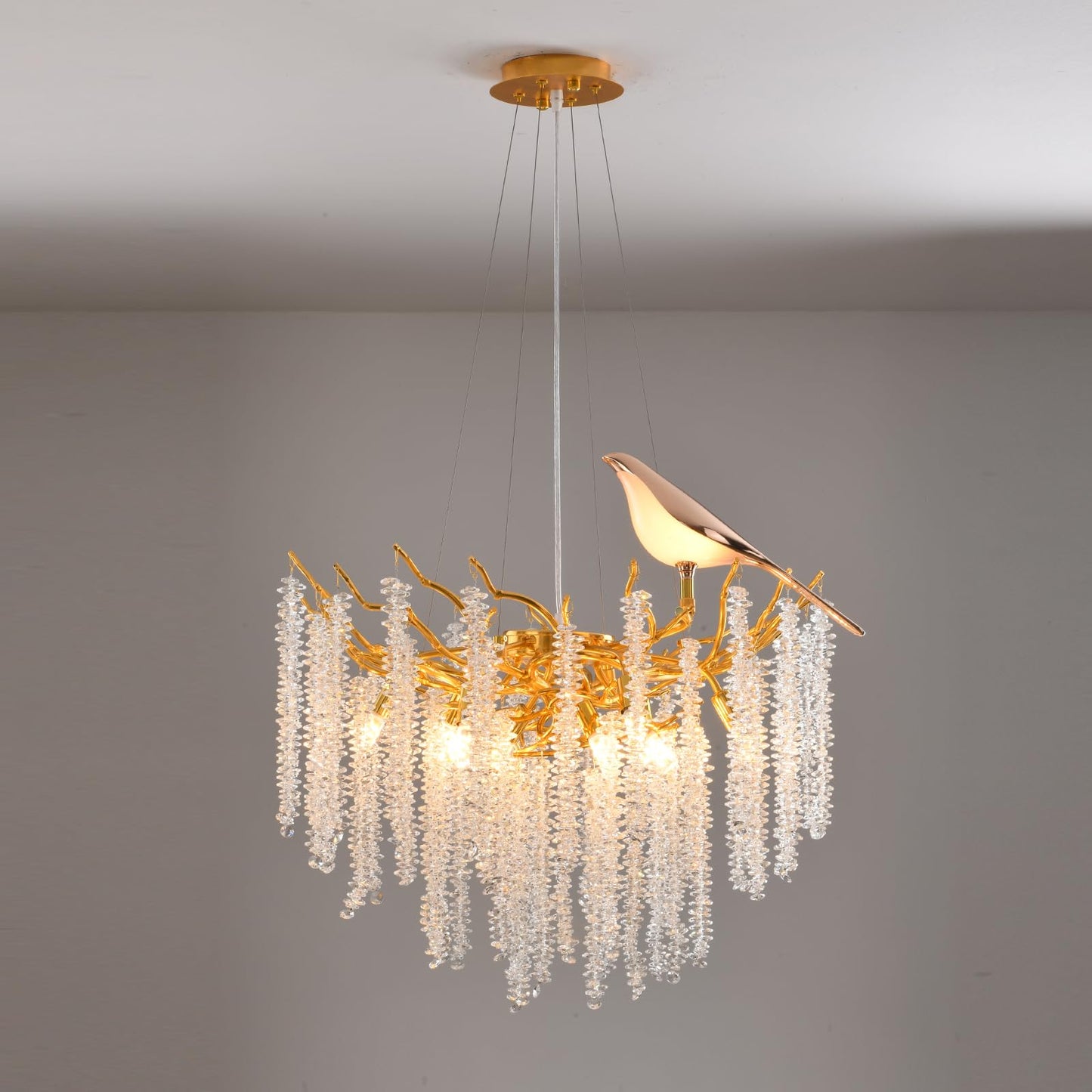 24" gold tree branch crystal chandelier, 10-light raindrop design, modern decorative pendant.