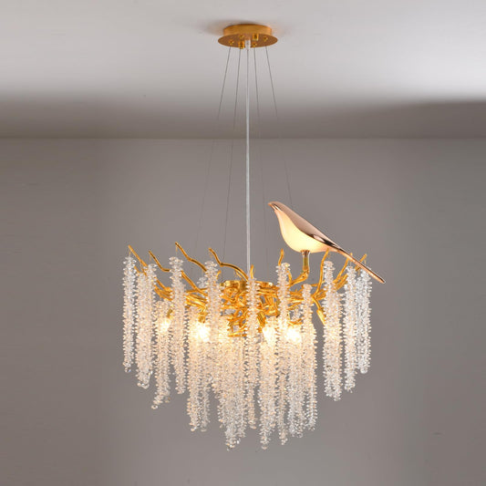 24" gold tree branch crystal chandelier, 10-light raindrop design, modern decorative pendant.