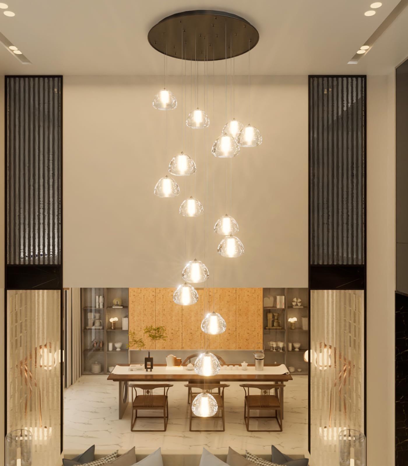 dolria extra-long black LED staircase chandelier, 118", adjustable modern linear fixture.