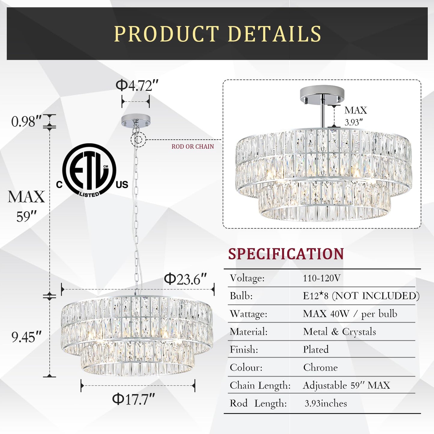 24" chrome crystal chandelier, 8-light semi flush mount, round modern fixture for multiple rooms.