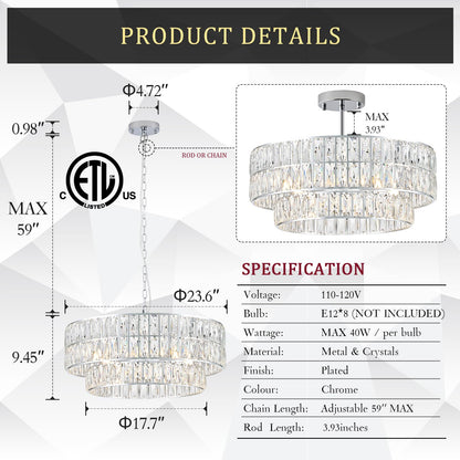 24" chrome crystal chandelier, 8-light semi flush mount, round modern fixture for multiple rooms.