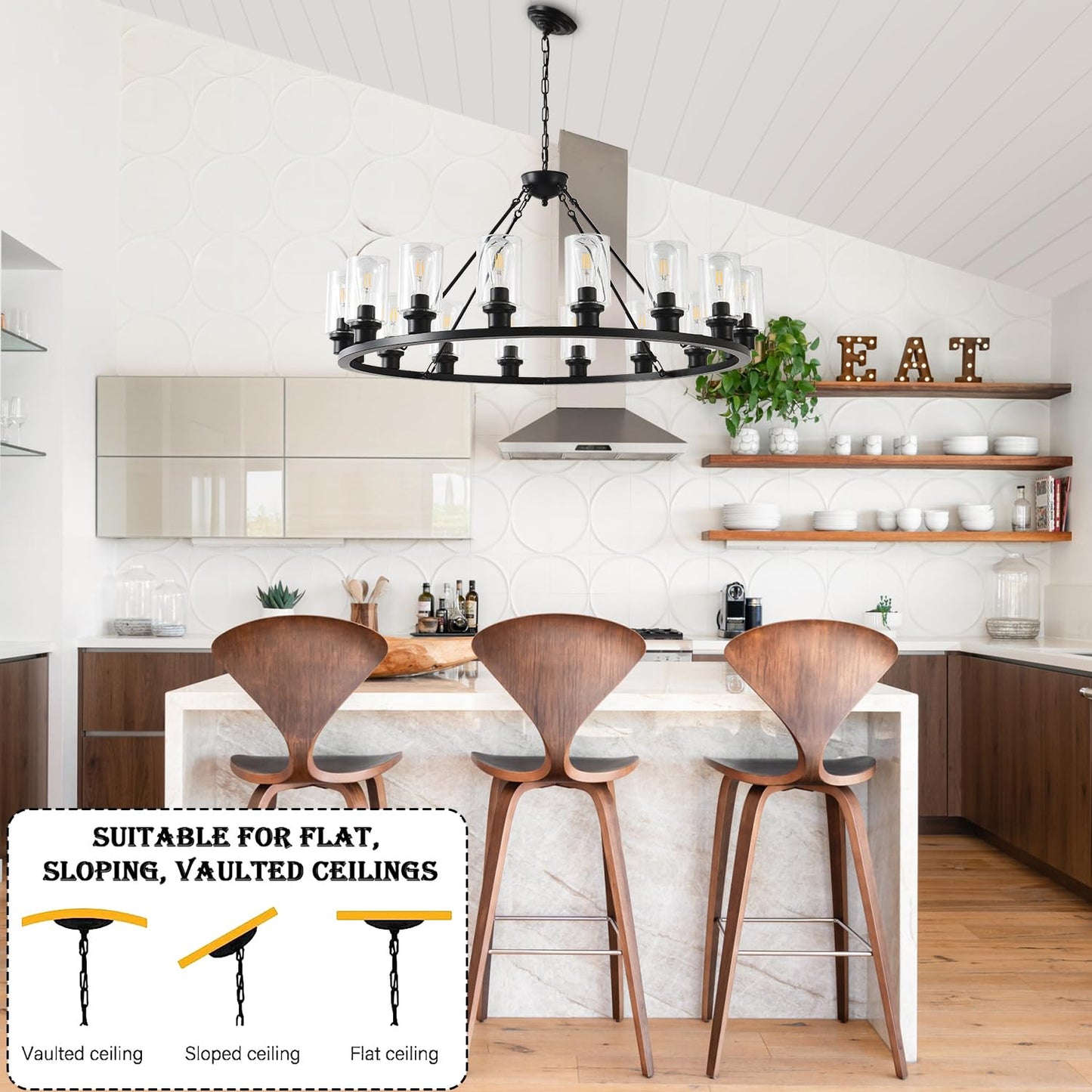 JTYKHNM 40" black wagon wheel chandelier, 16-light farmhouse glass pendant for large spaces.