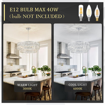 24" chrome crystal chandelier, 8-light semi flush mount, round modern fixture for multiple rooms.