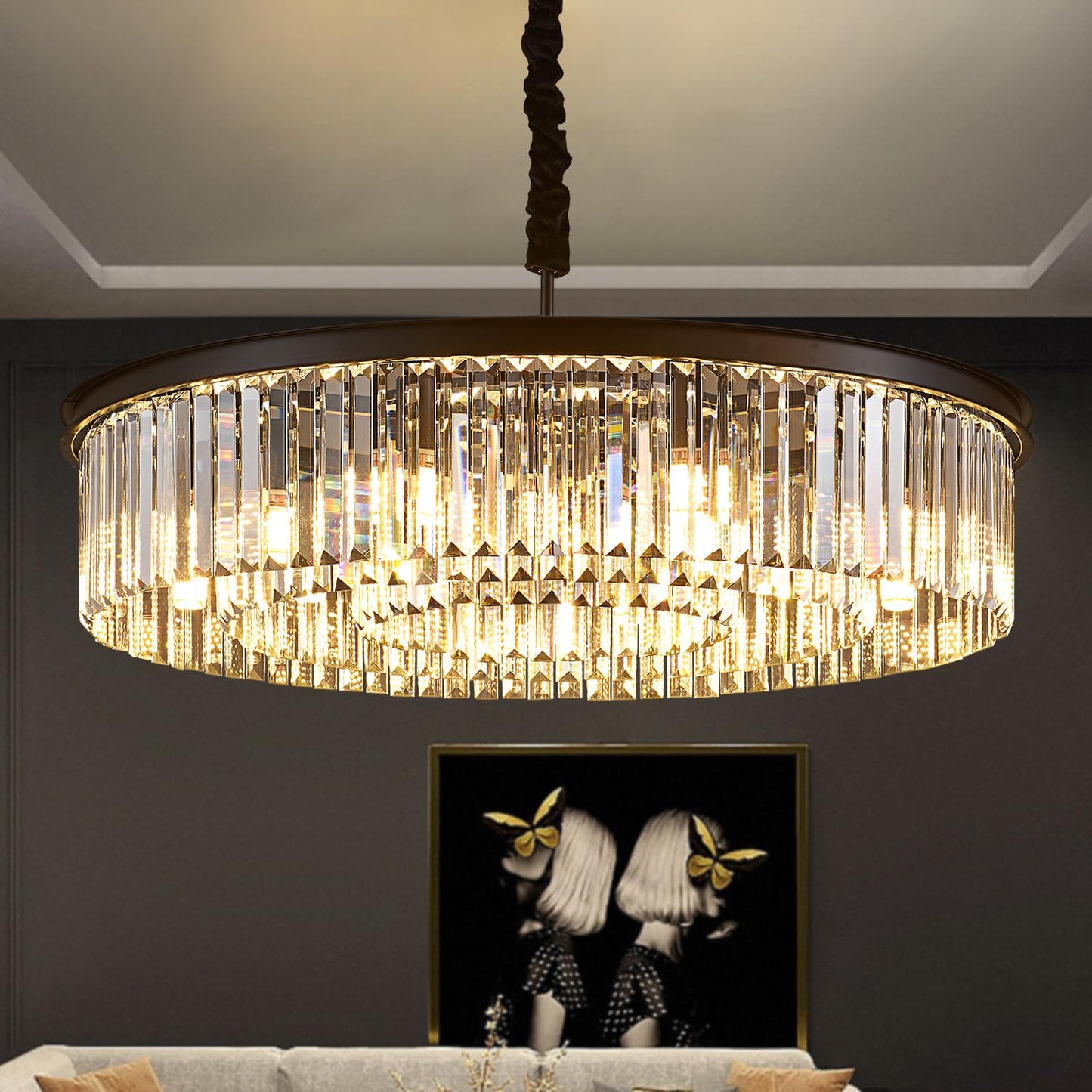 31.5" black crystal chandelier, 12-light 3-ring luxury design for living/dining/entry.