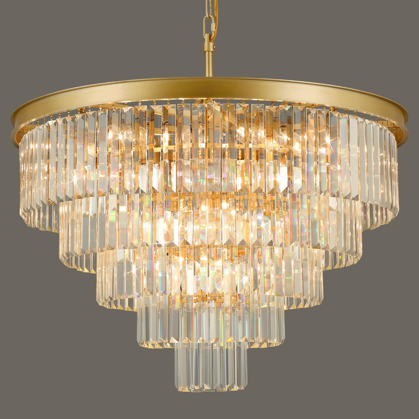 30" gold crystal chandelier, 20-light, 5-tier round design for dining/entry/kitchen island.