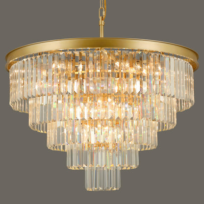 30" gold crystal chandelier, 20-light, 5-tier round design for dining/entry/kitchen island.