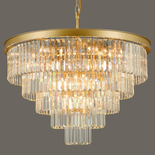 30" gold crystal chandelier, 20-light, 5-tier round design for dining/entry/kitchen island.