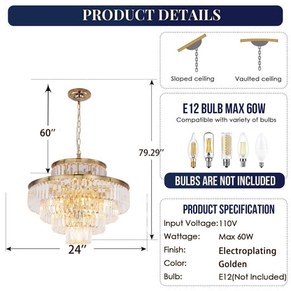 GMlixin 24" gold crystal chandelier, 12-light, modern pendant for dining/living/foyer/hallway.