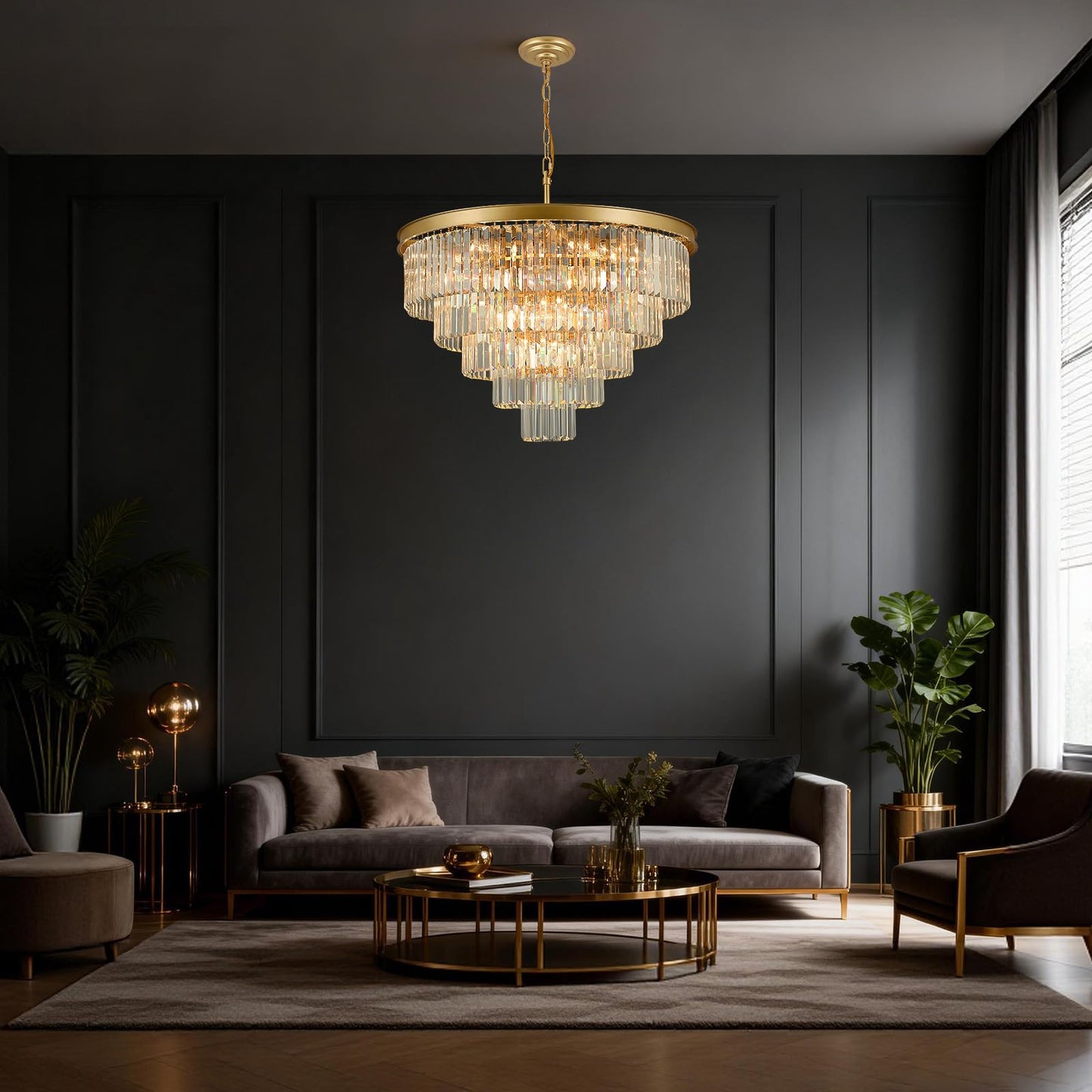 30" gold crystal chandelier, 20-light, 5-tier round design for dining/entry/kitchen island.