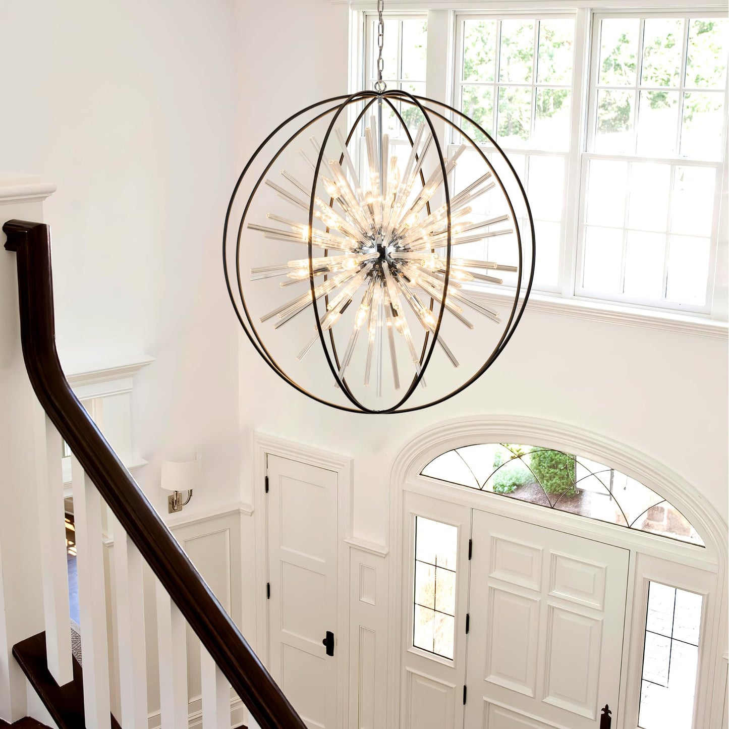 Vezzio 35" black globe crystal chandelier, 20-light modern round fixture for high ceilings.