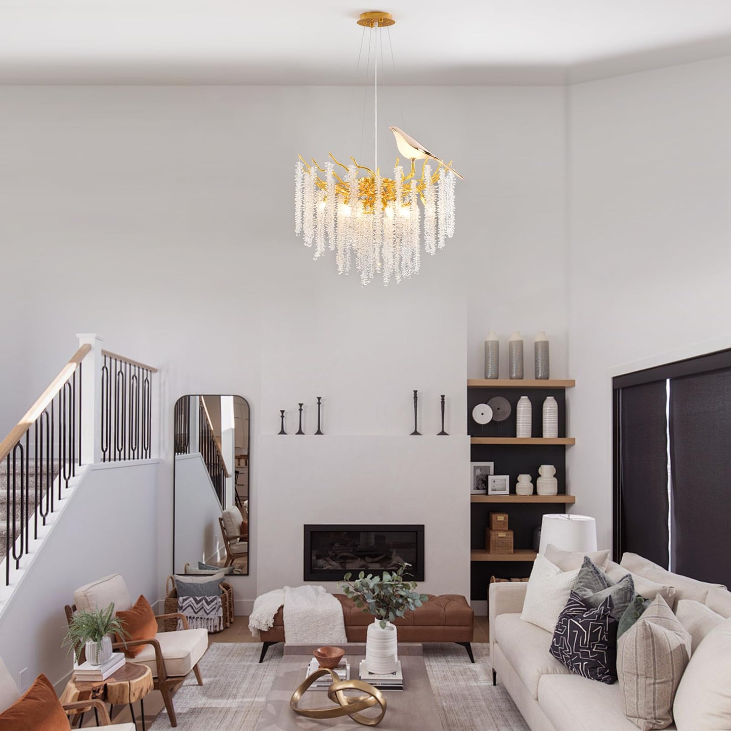 24" gold tree branch crystal chandelier, 10-light raindrop design, modern decorative pendant.