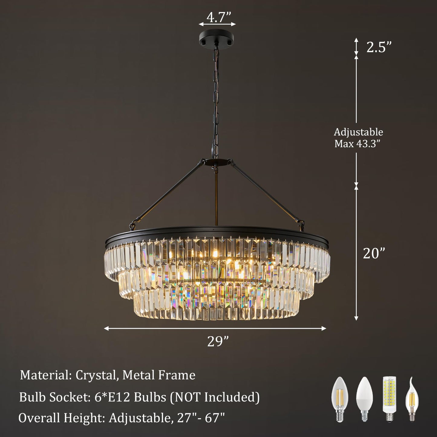 28" black modern crystal chandelier, K9 crystals, adjustable large dining/bedroom/foyer light.