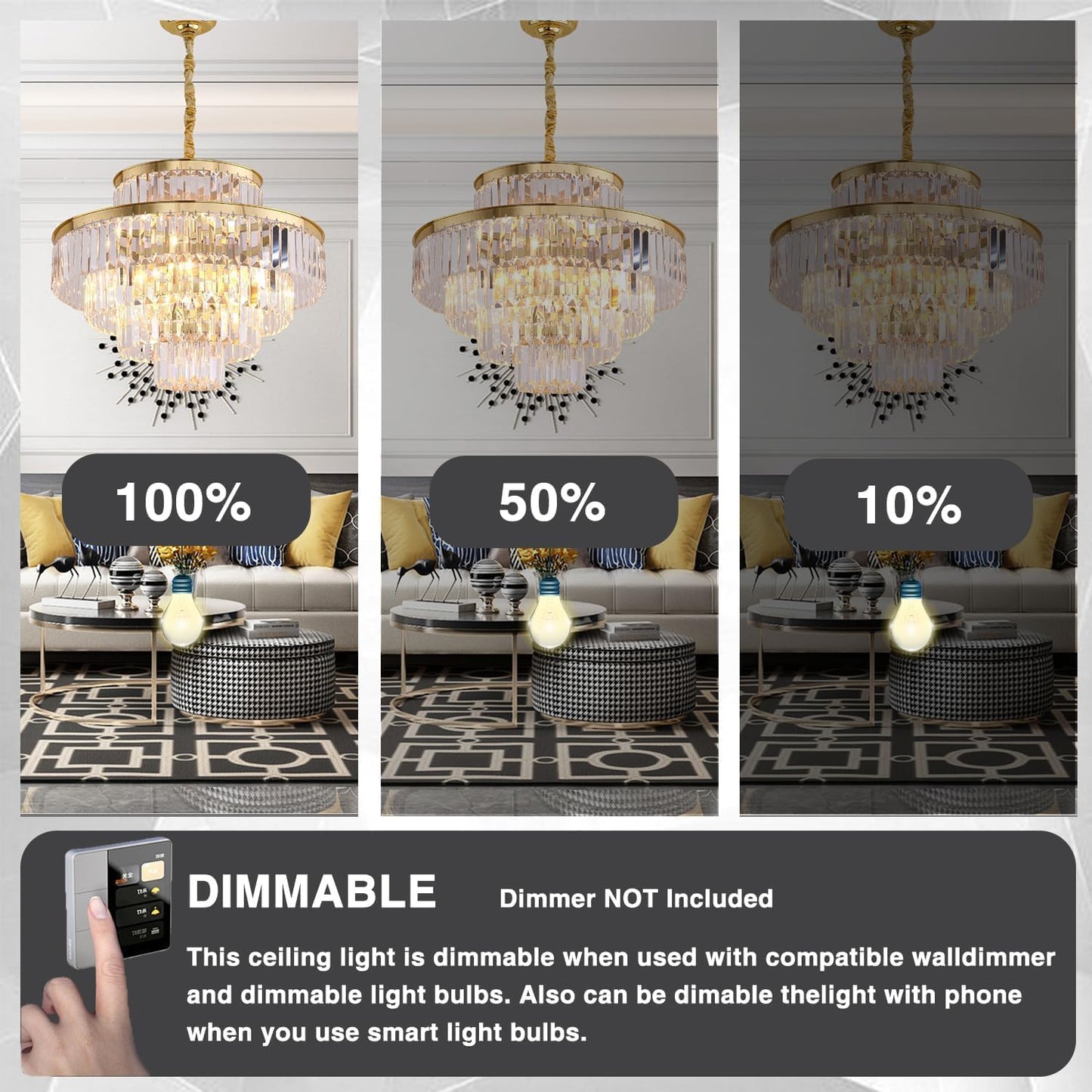GMlixin 24" gold crystal chandelier, 12-light, modern pendant for dining/living/foyer/hallway.