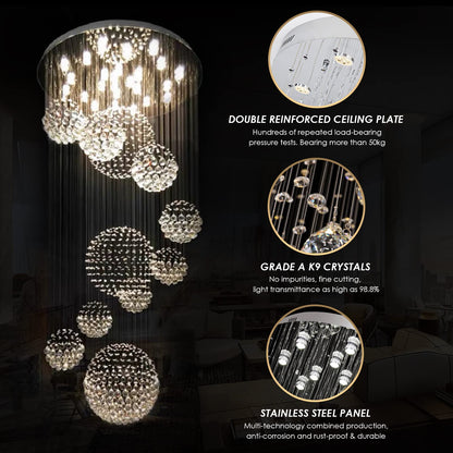 Siljoy modern foyer chandelier, spiral sphere design, raindrop crystal, 31.5" W × 110" H, high ceiling/staircase.