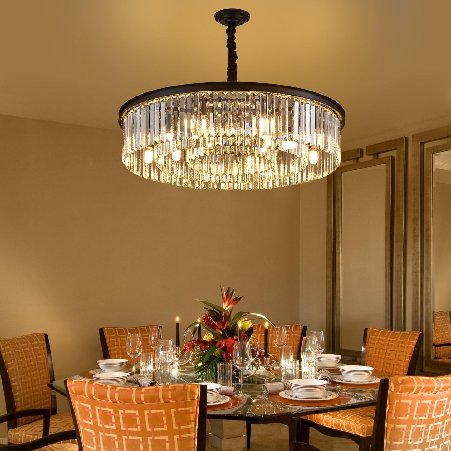 31.5" black crystal chandelier, 12-light 3-ring luxury design for living/dining/entry.