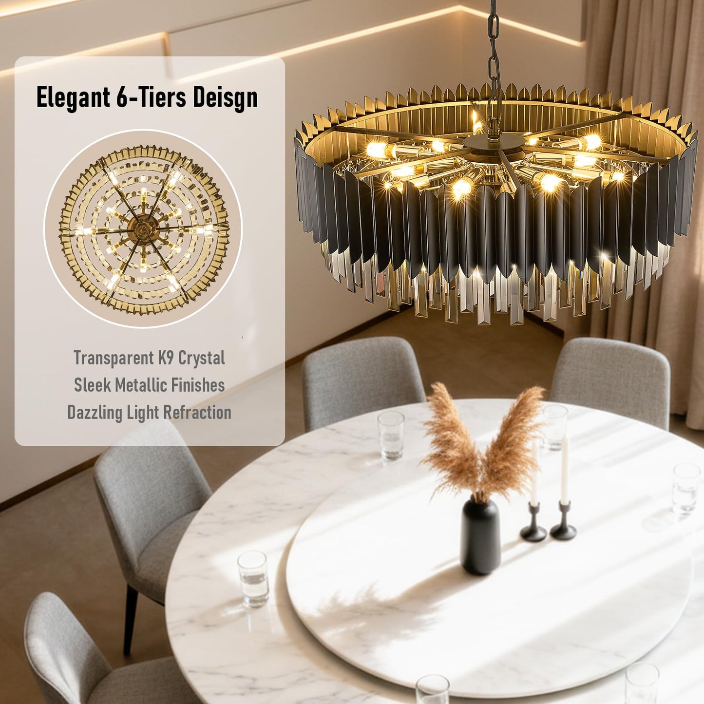 YOLIZUOT 30" black crystal chandelier, 12-light, 6-tier K9 smoke gray crystals, modern large pendant.