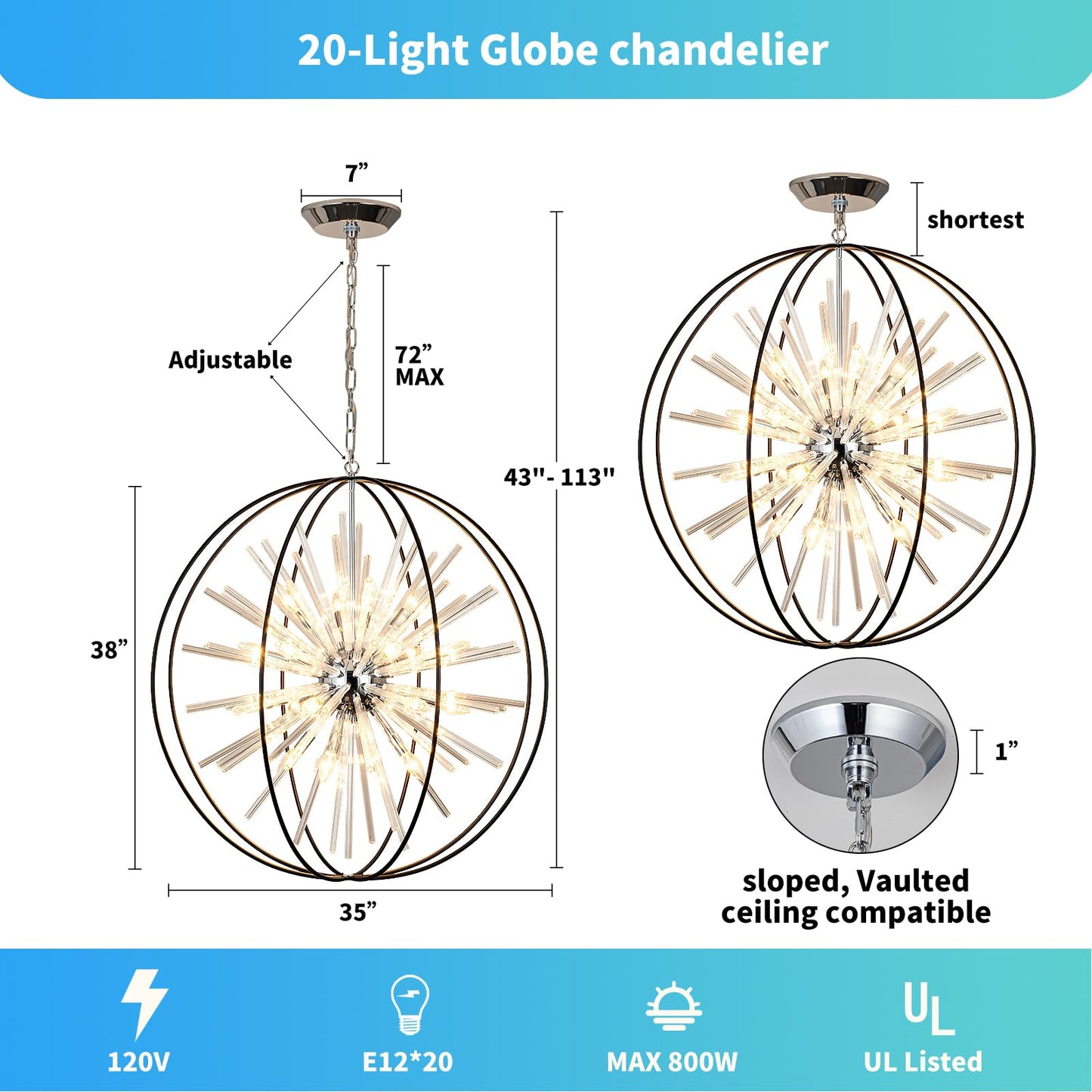 Vezzio 35" black globe crystal chandelier, 20-light modern round fixture for high ceilings.