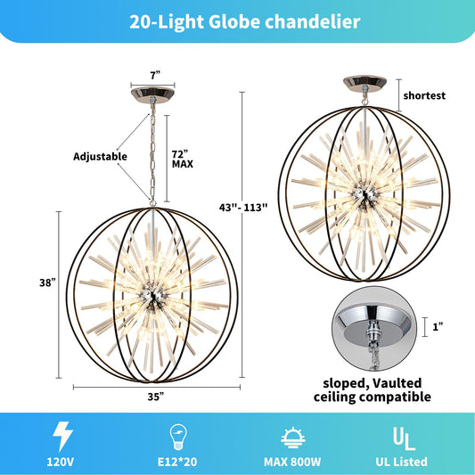 Vezzio 35" black globe crystal chandelier, 20-light modern round fixture for high ceilings.