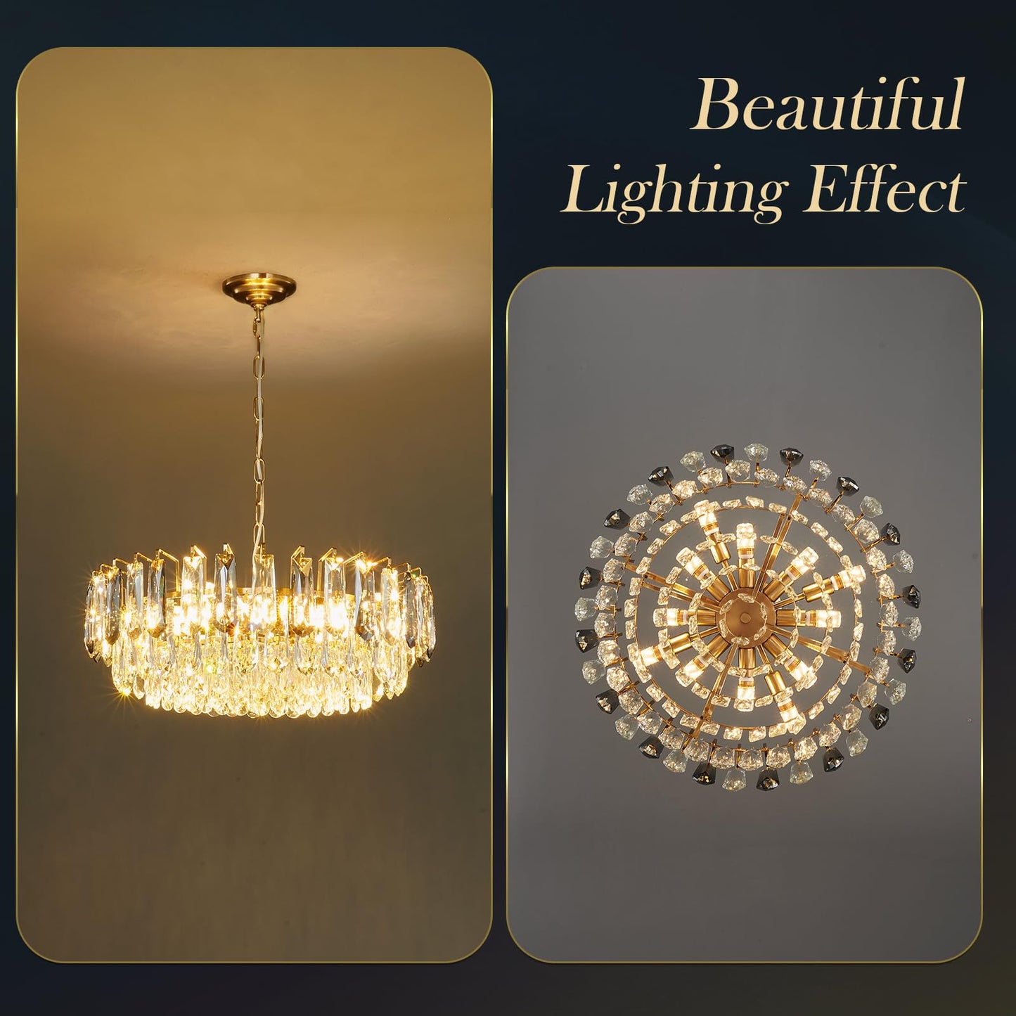 XIAOQIWU 23.6" crystal chandelier, gold + grey crystals, 12-light 3-tier luxury pendant.