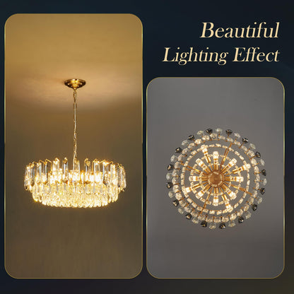 XIAOQIWU 23.6" crystal chandelier, gold + grey crystals, 12-light 3-tier luxury pendant.