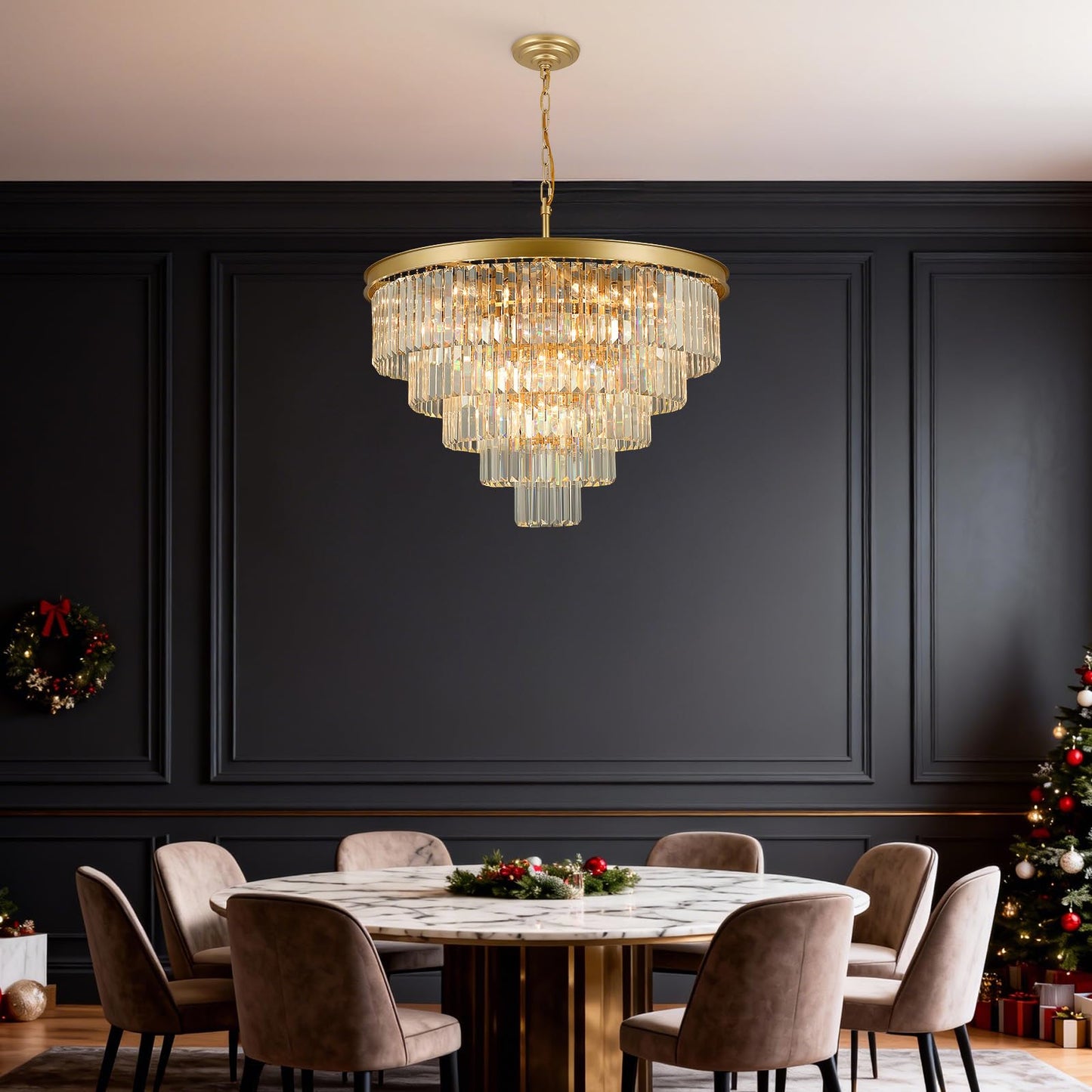 30" gold crystal chandelier, 20-light, 5-tier round design for dining/entry/kitchen island.