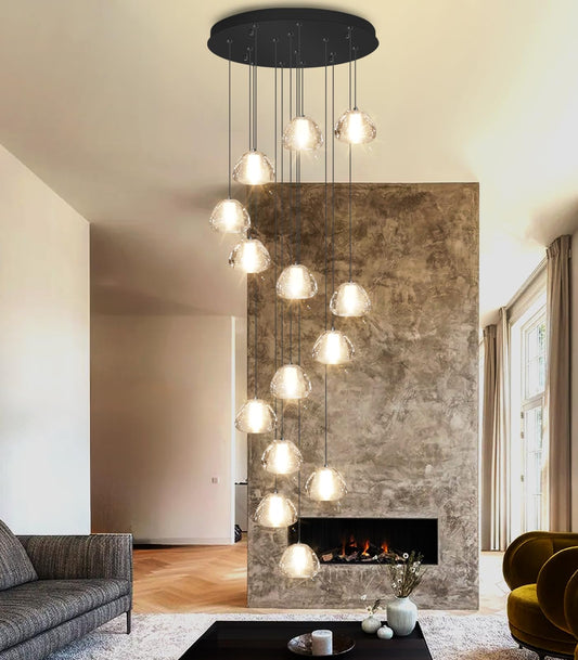 dolria extra-long black LED staircase chandelier, 118", adjustable modern linear fixture.