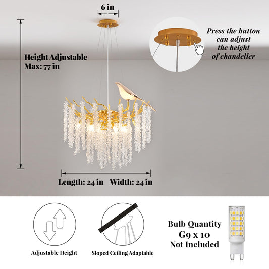 24" gold tree branch crystal chandelier, 10-light raindrop design, modern decorative pendant.