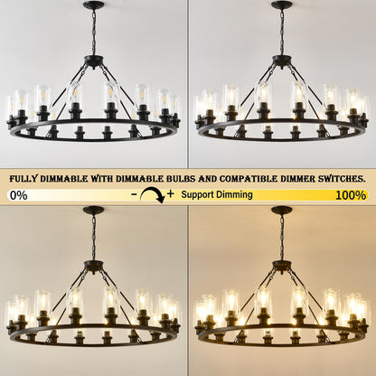 JTYKHNM 40" black wagon wheel chandelier, 16-light farmhouse glass pendant for large spaces.